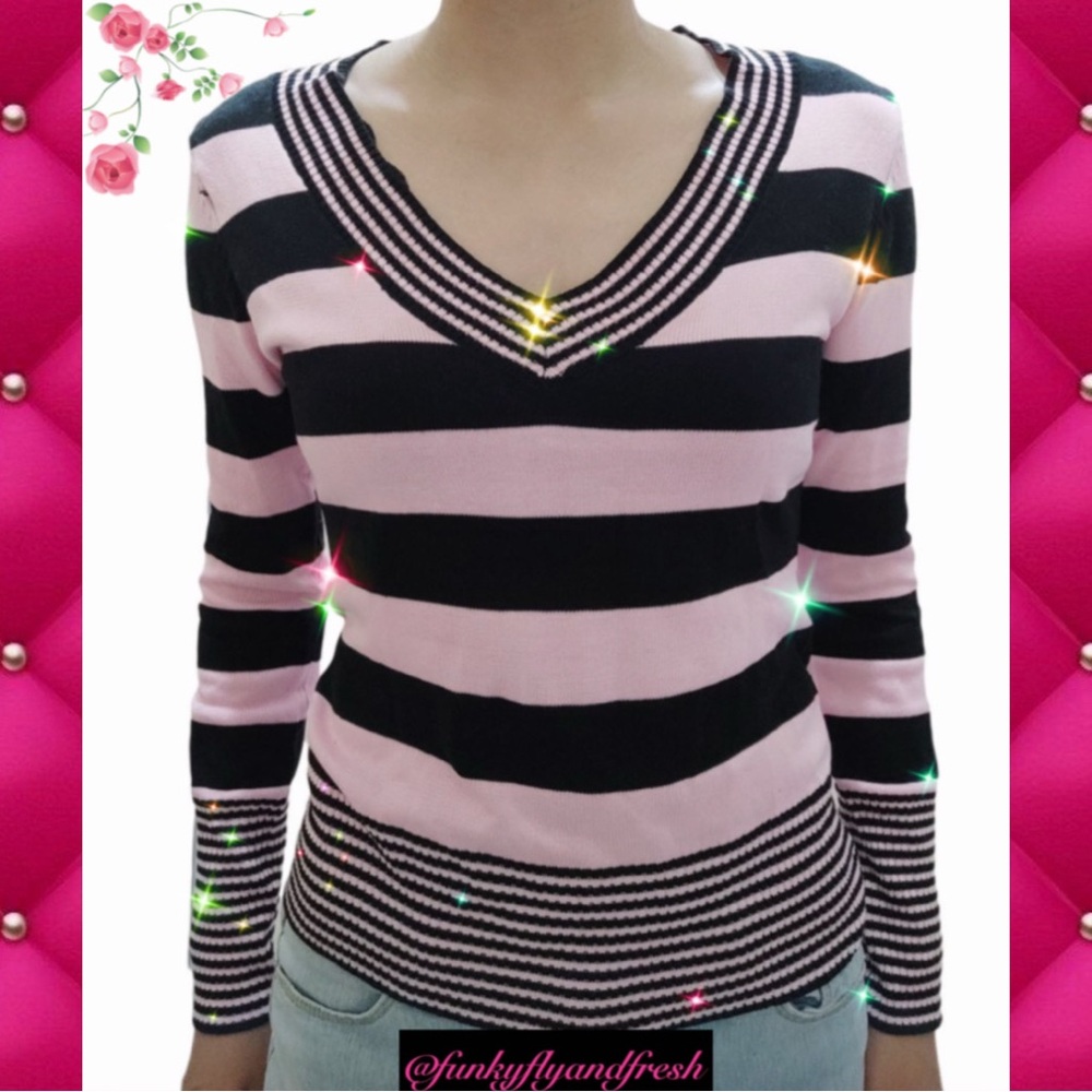 Size small brown and pink long sleeve striped V-neck sweater y2k NWOT